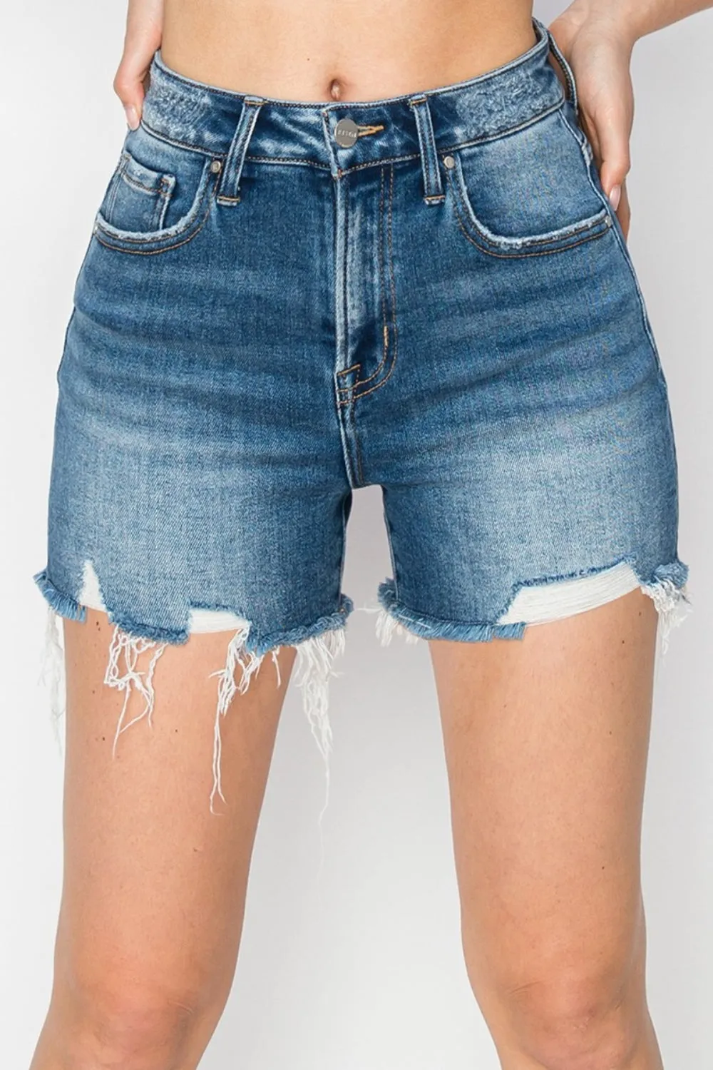 High Rise Ripped Denim Shorts