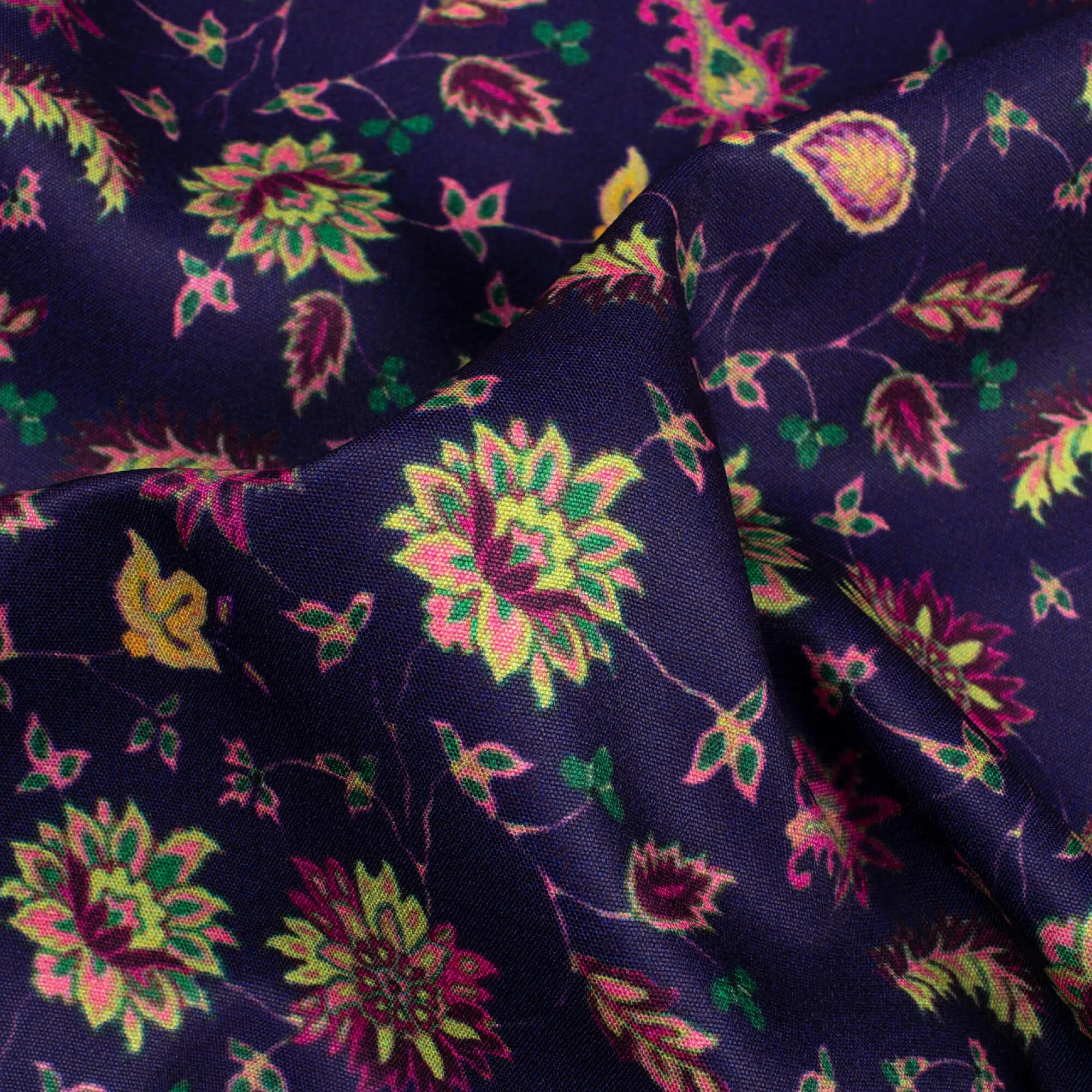 Indigo Blue Yellow Floral Print Fabric