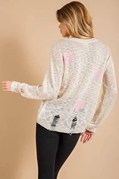 Kori America Heart Print Distressed Knit Sweater