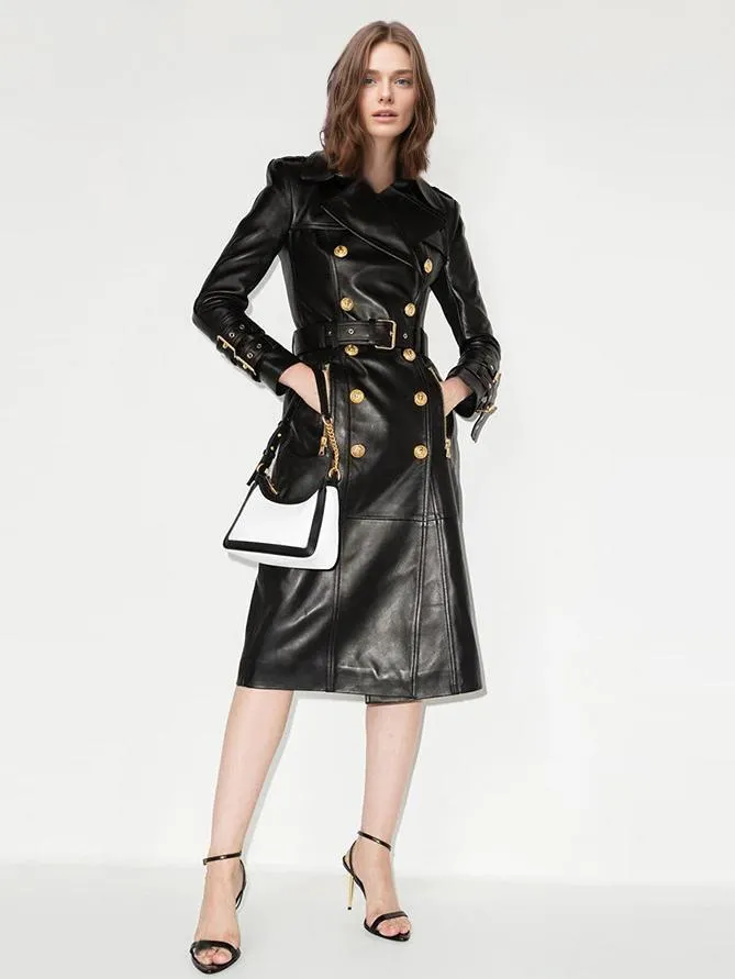 Leather Trench Coat with Notched Lapel, Double Breasted Design, and Belt.