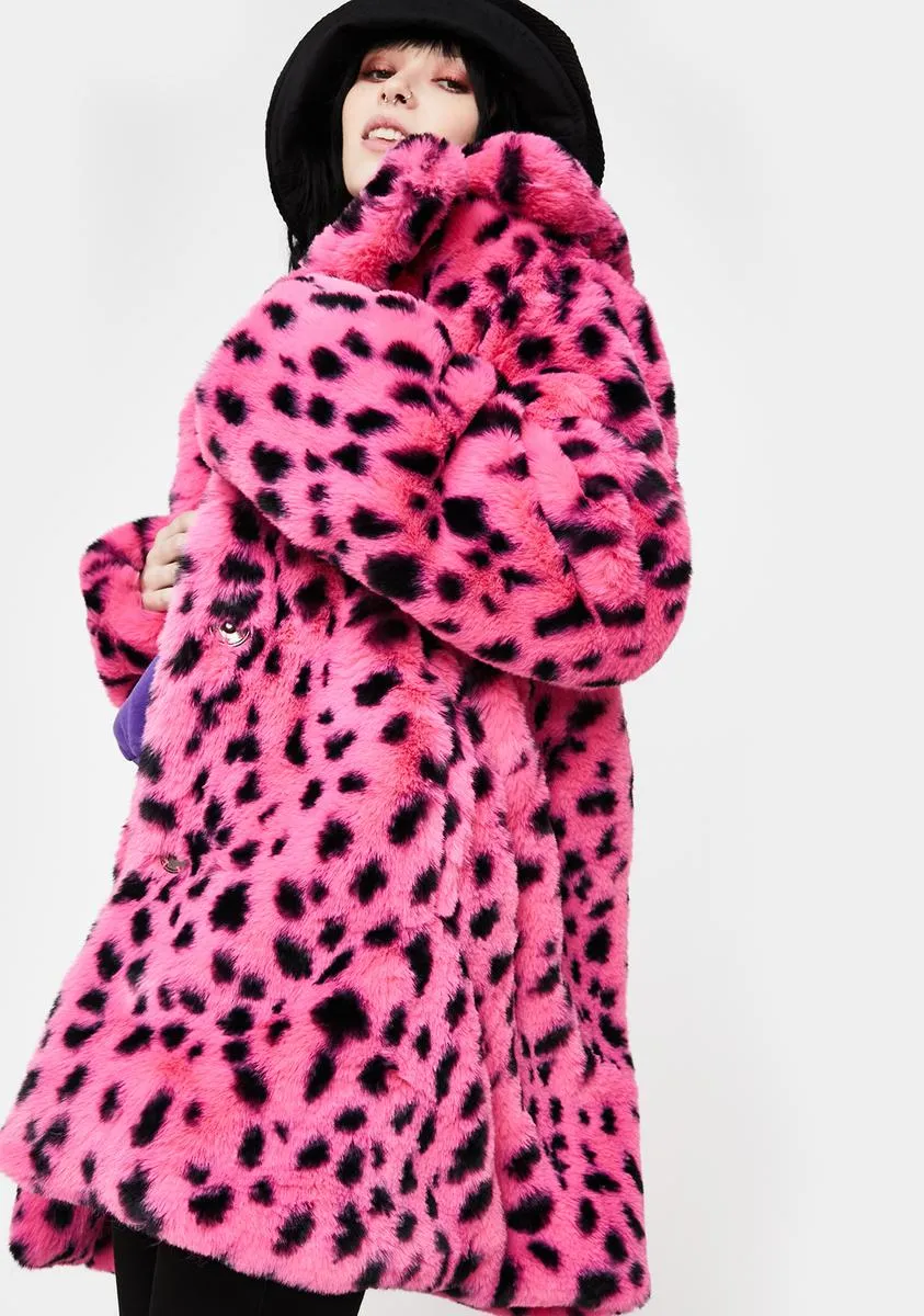 Leopard Print Faux Fur Coat in Pink and Black