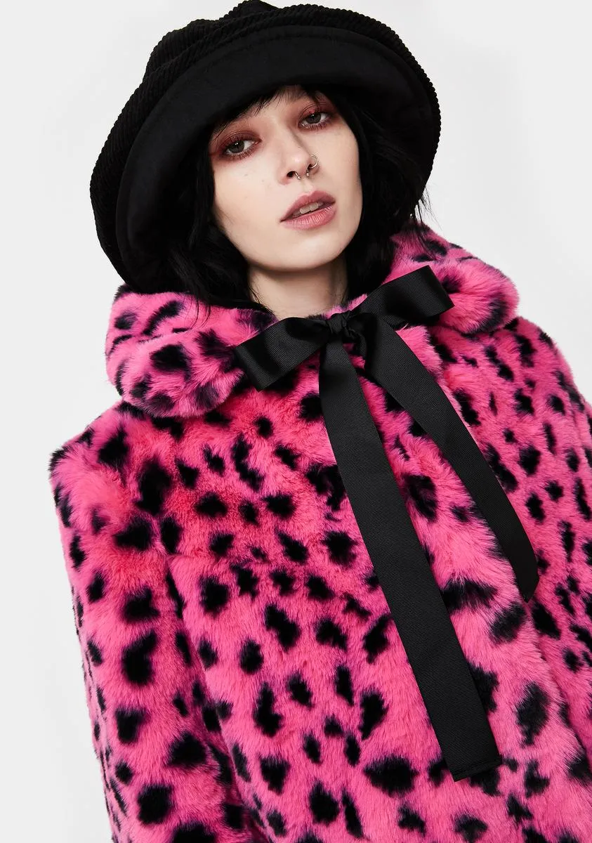 Leopard Print Faux Fur Coat in Pink and Black