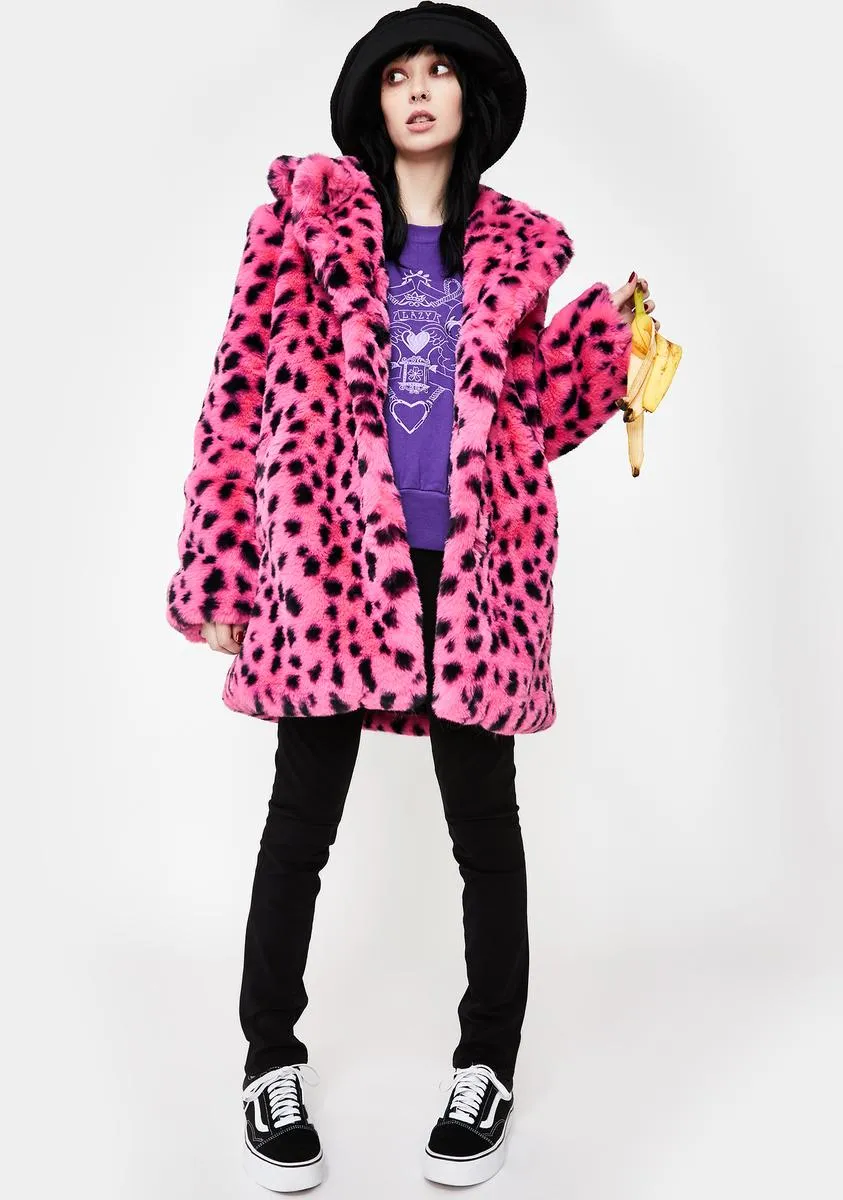 Leopard Print Faux Fur Coat in Pink and Black