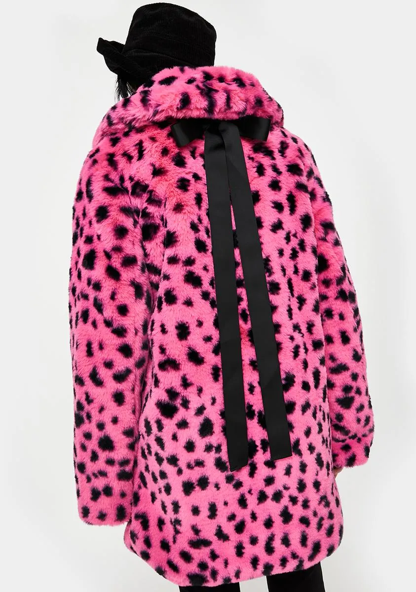 Leopard Print Faux Fur Coat in Pink and Black