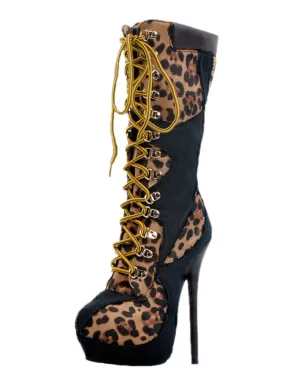 Leopard Printed High Heel Platform Boots for Women