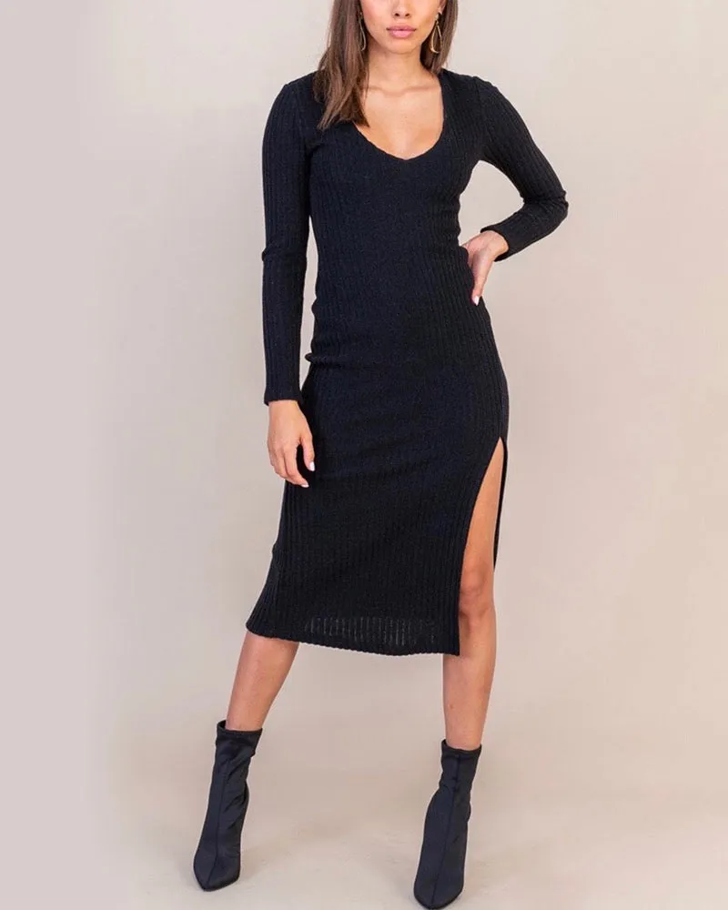 Lush Clothing Black V-Neck Long Sleeve Side Slit Knit Midi Dress.