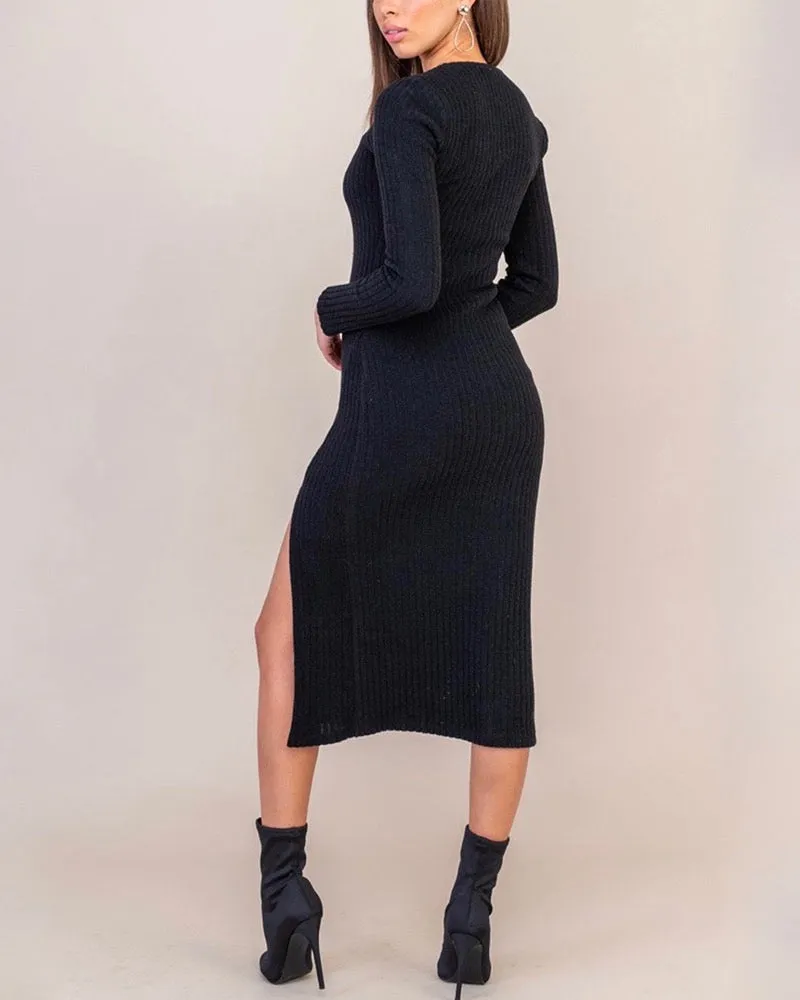 Lush Clothing Black V-Neck Long Sleeve Side Slit Knit Midi Dress.