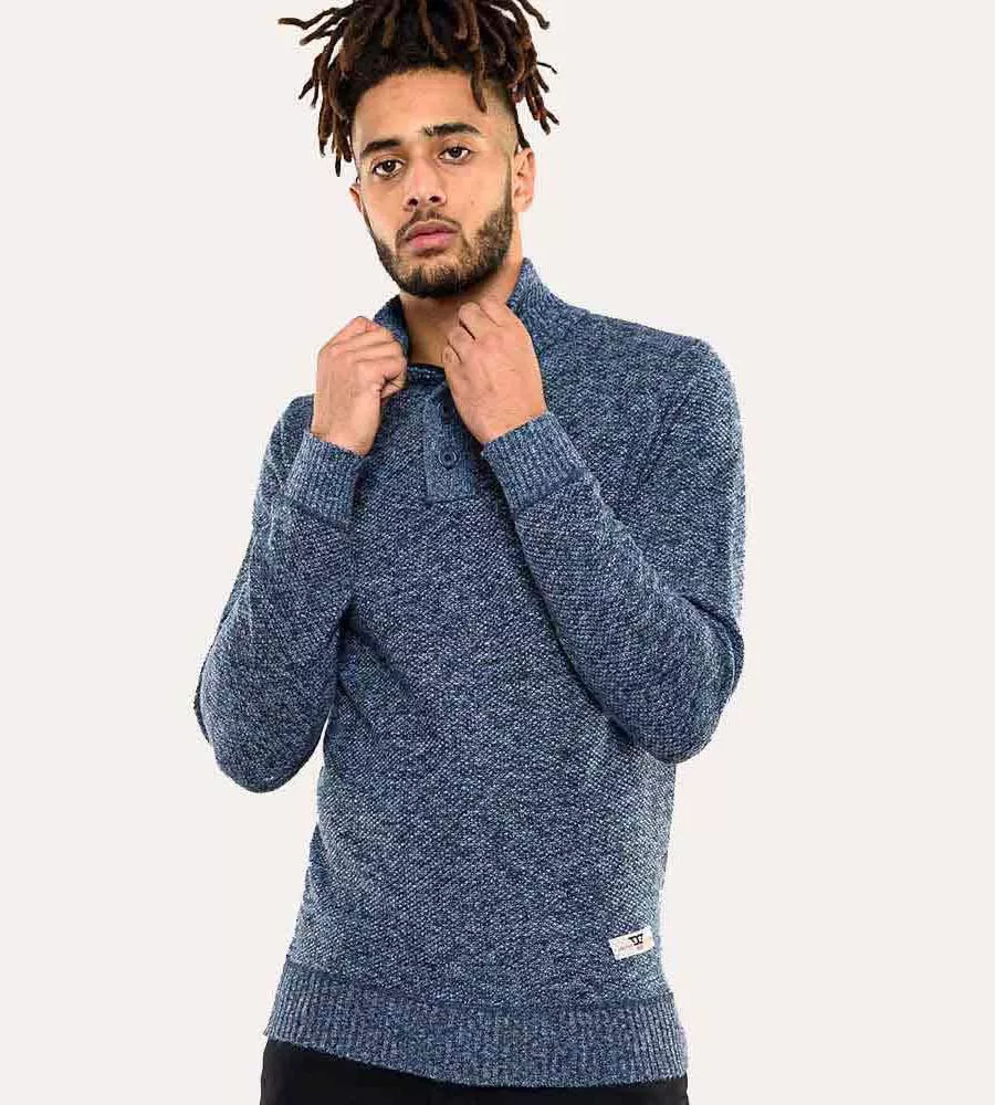 Mens Blue Twisted Yarn Sweater With Zipper & Button Neck by D555