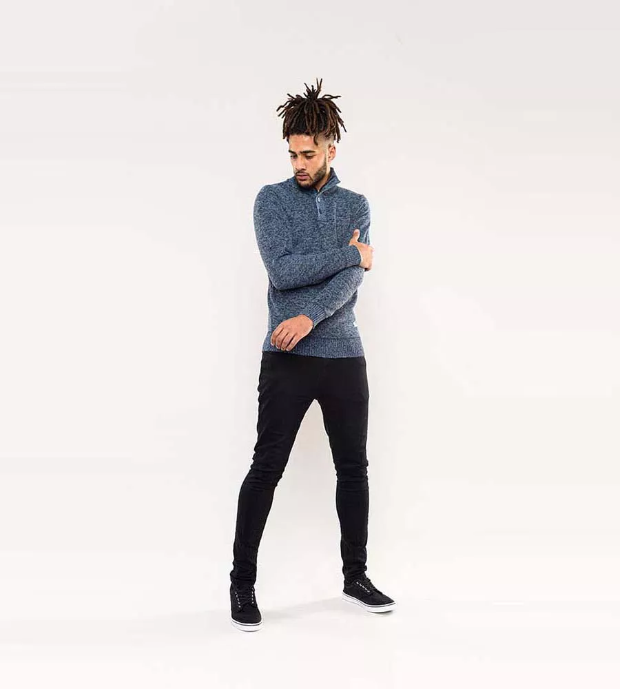 Mens Blue Twisted Yarn Sweater With Zipper & Button Neck by D555