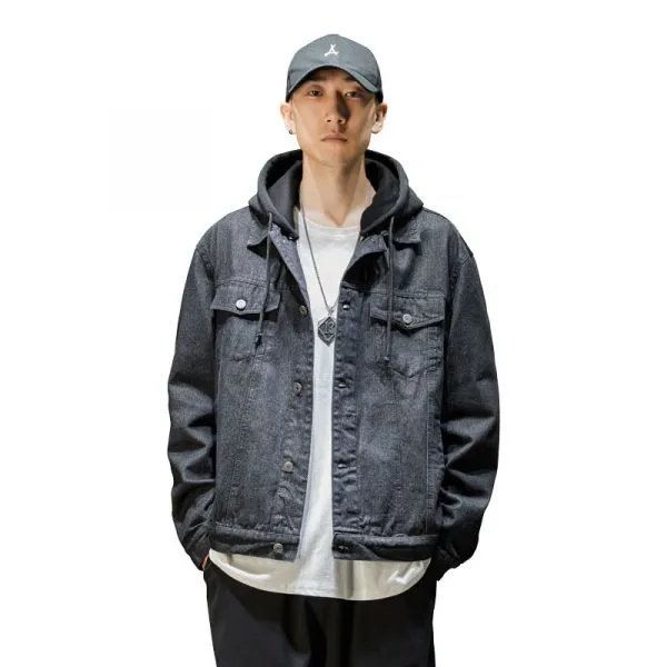 Men's denim jacket removable hood