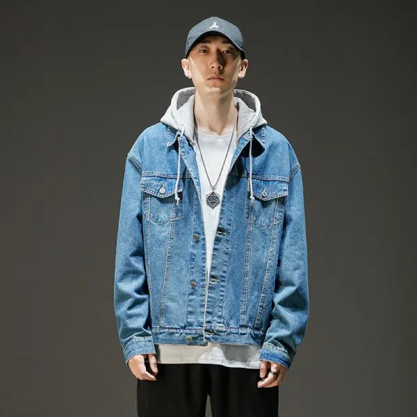 Men's denim jacket removable hood