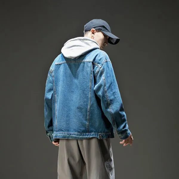 Men's denim jacket removable hood