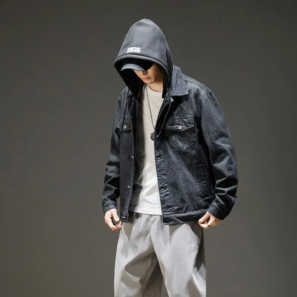 Men's denim jacket removable hood