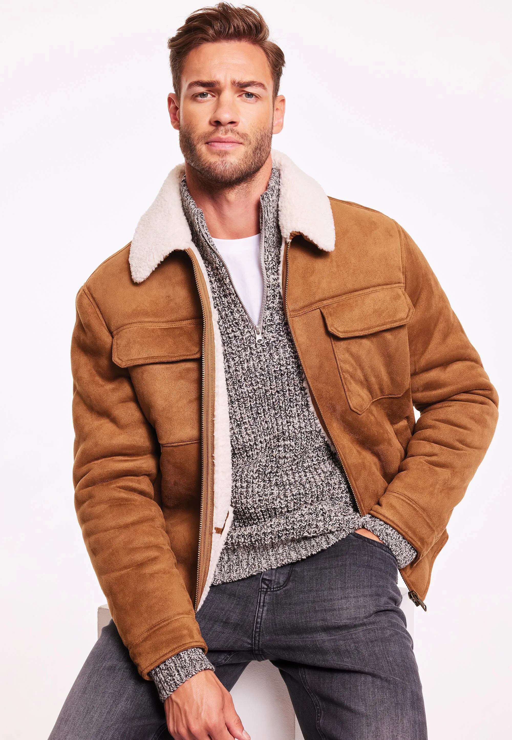 Tan Suedette Borg Trimmed Jacket for Men