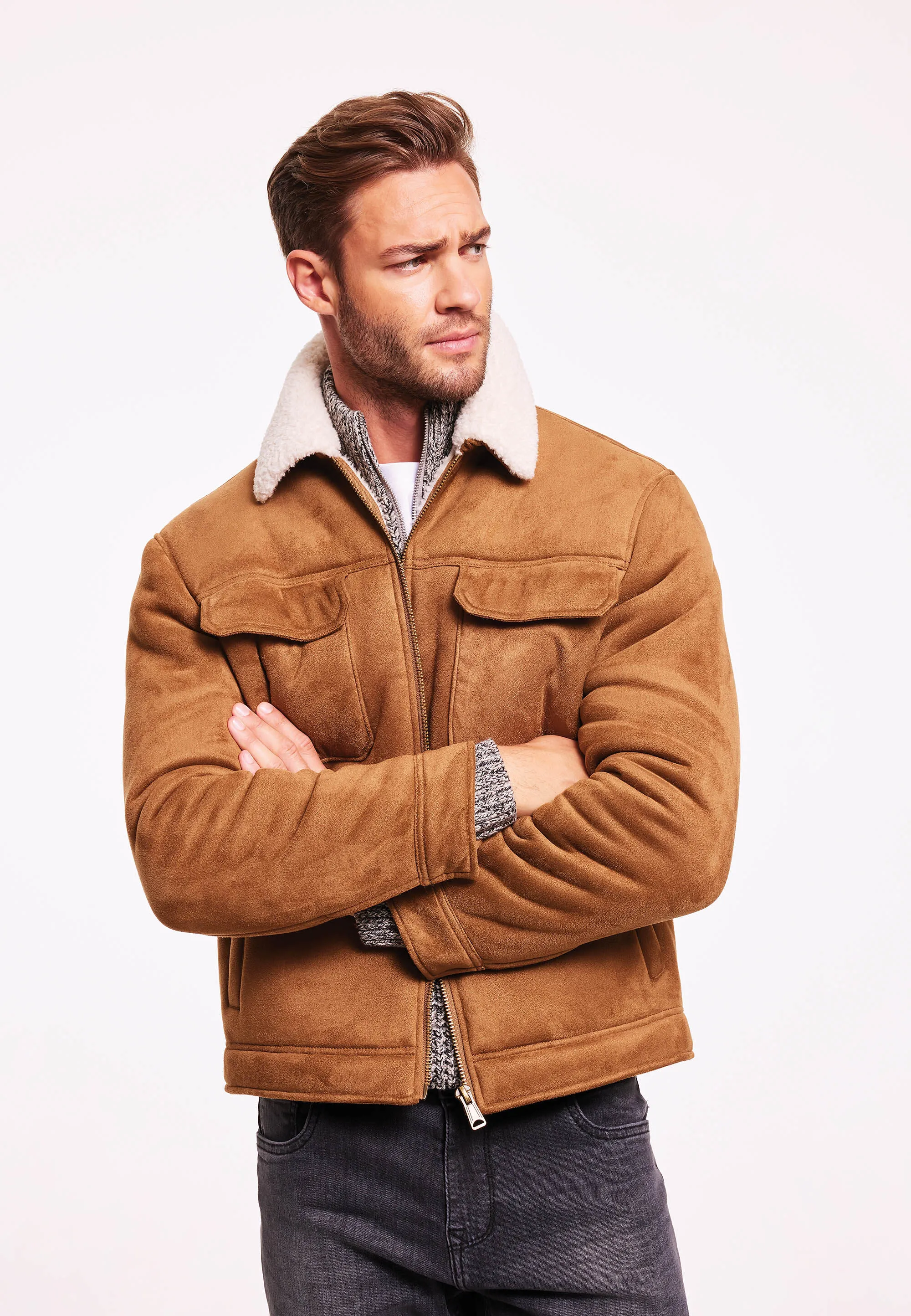 Tan Suedette Borg Trimmed Jacket for Men