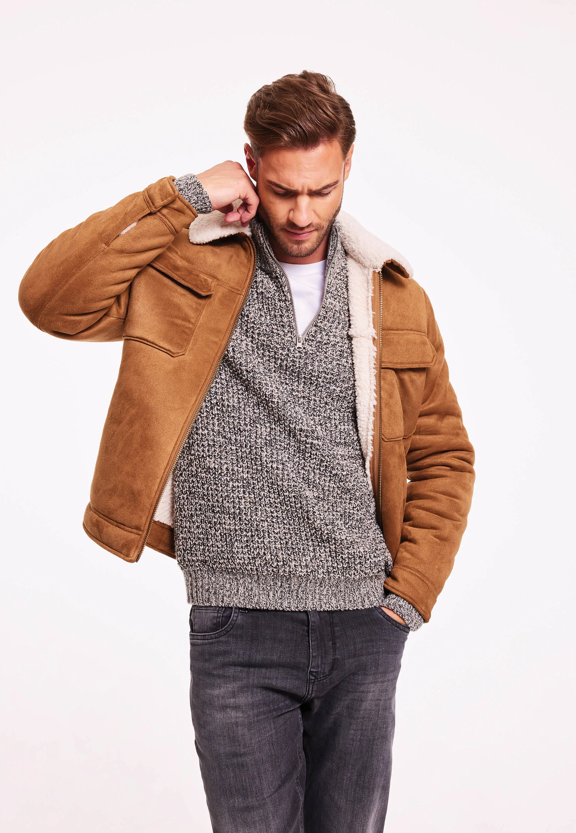 Tan Suedette Borg Trimmed Jacket for Men