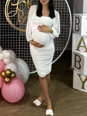 Momnfancy Elegant Chic White Ruched Bodycon Lantern Sleeve Maternity Midi Dress for Baby Shower