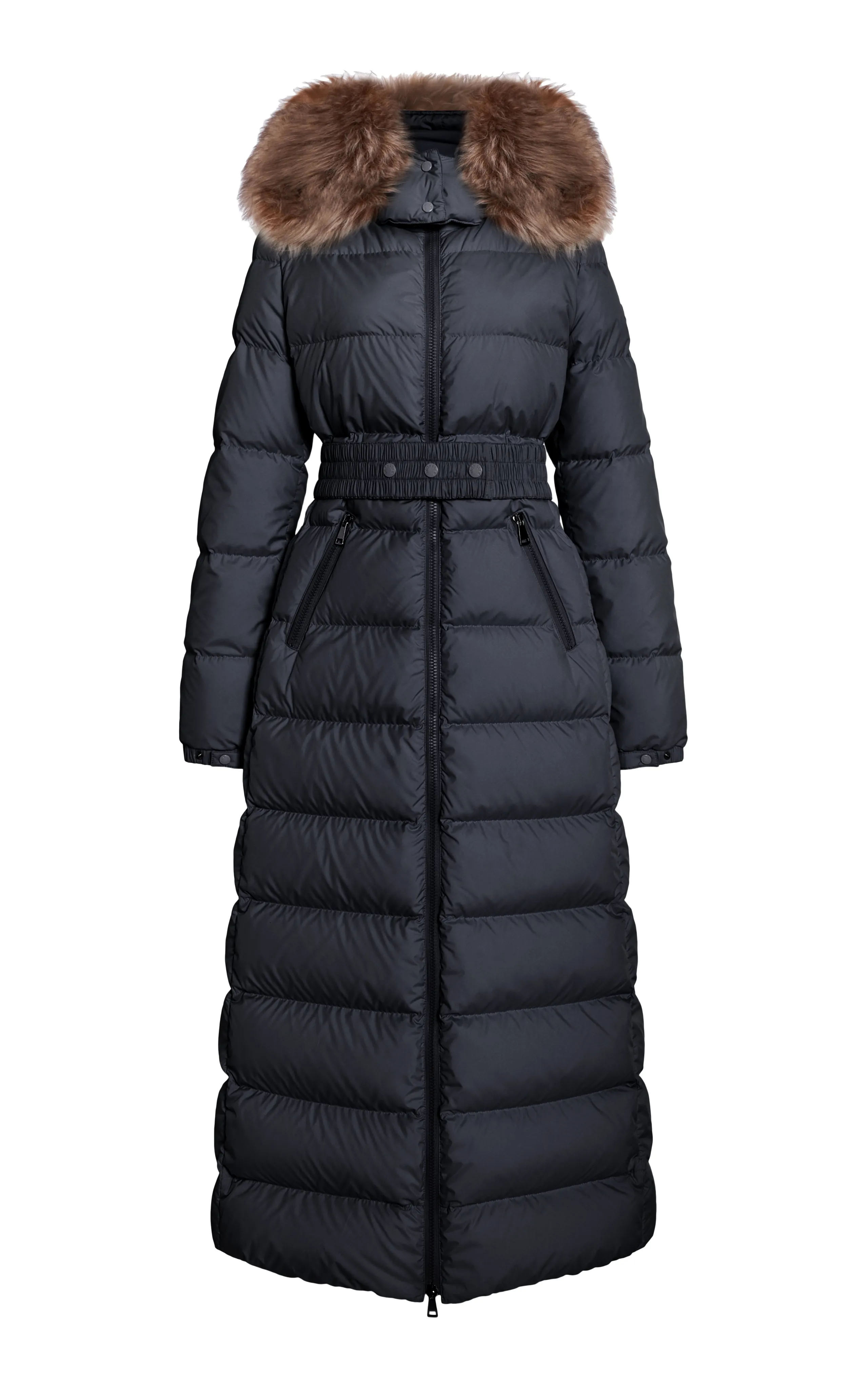 Moncler Shearling Trim Long Down Jacket.