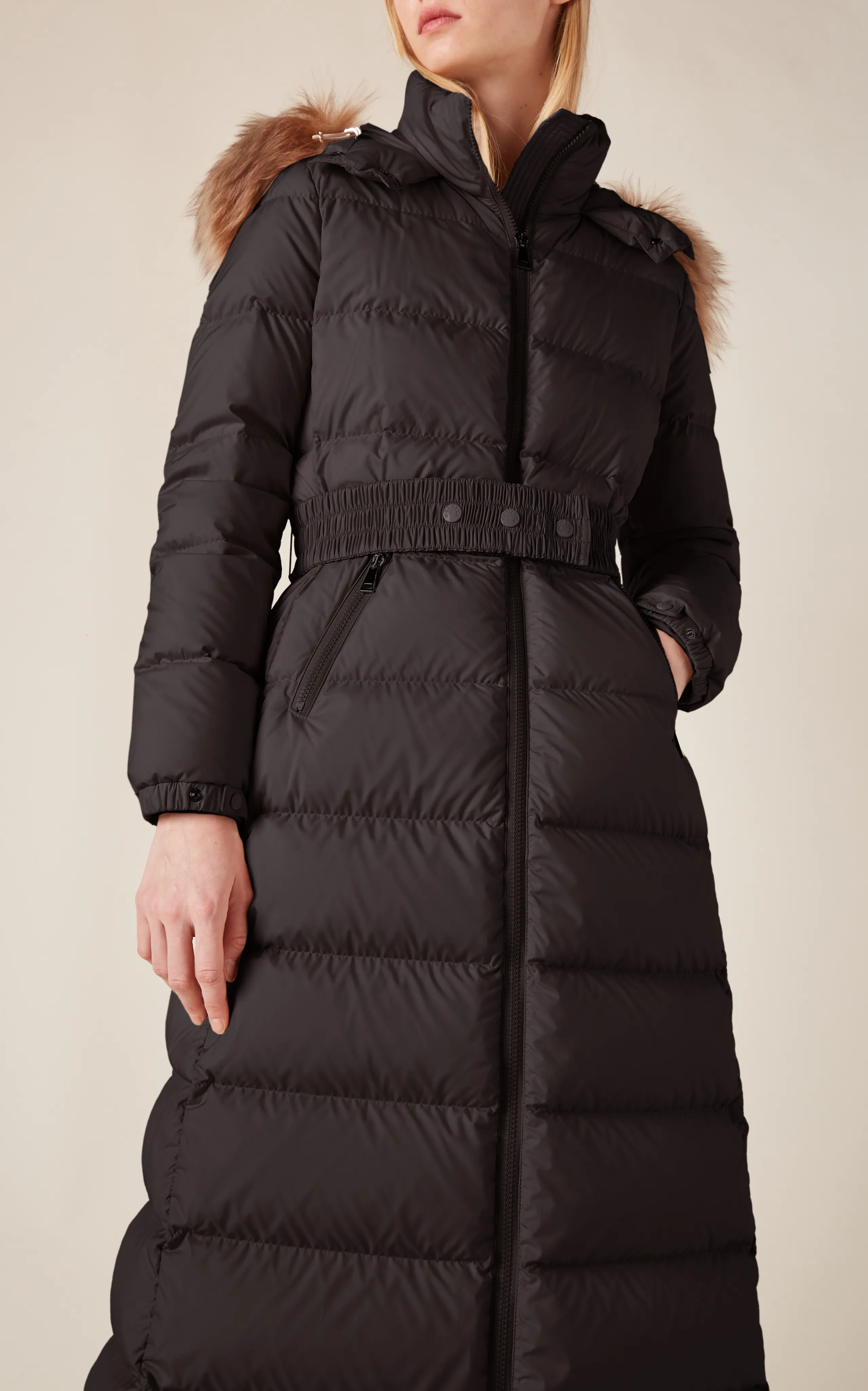 Moncler Shearling Trim Long Down Jacket.