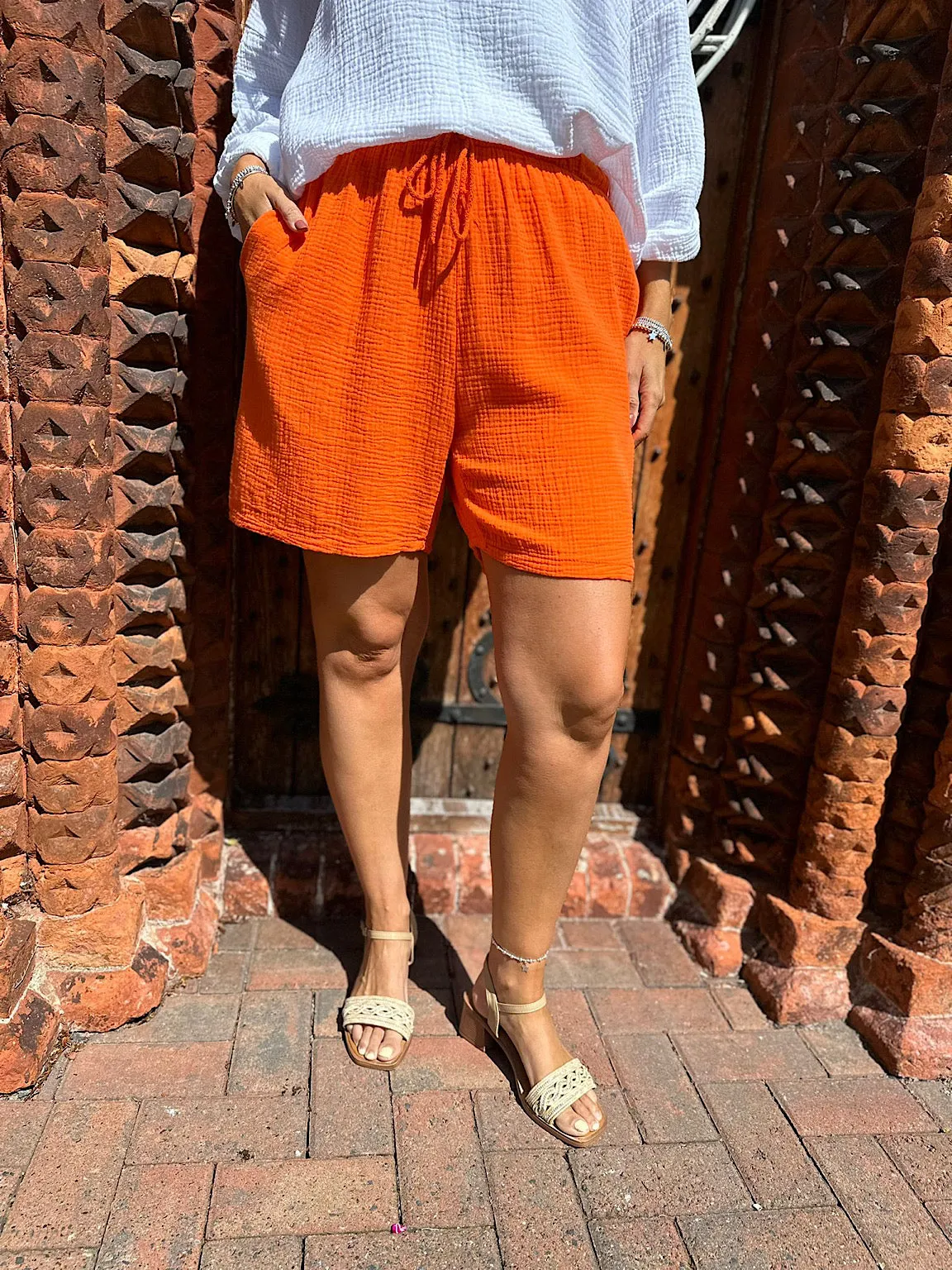 Orange Cotton Drawstring Shorts with Bubble Pattern