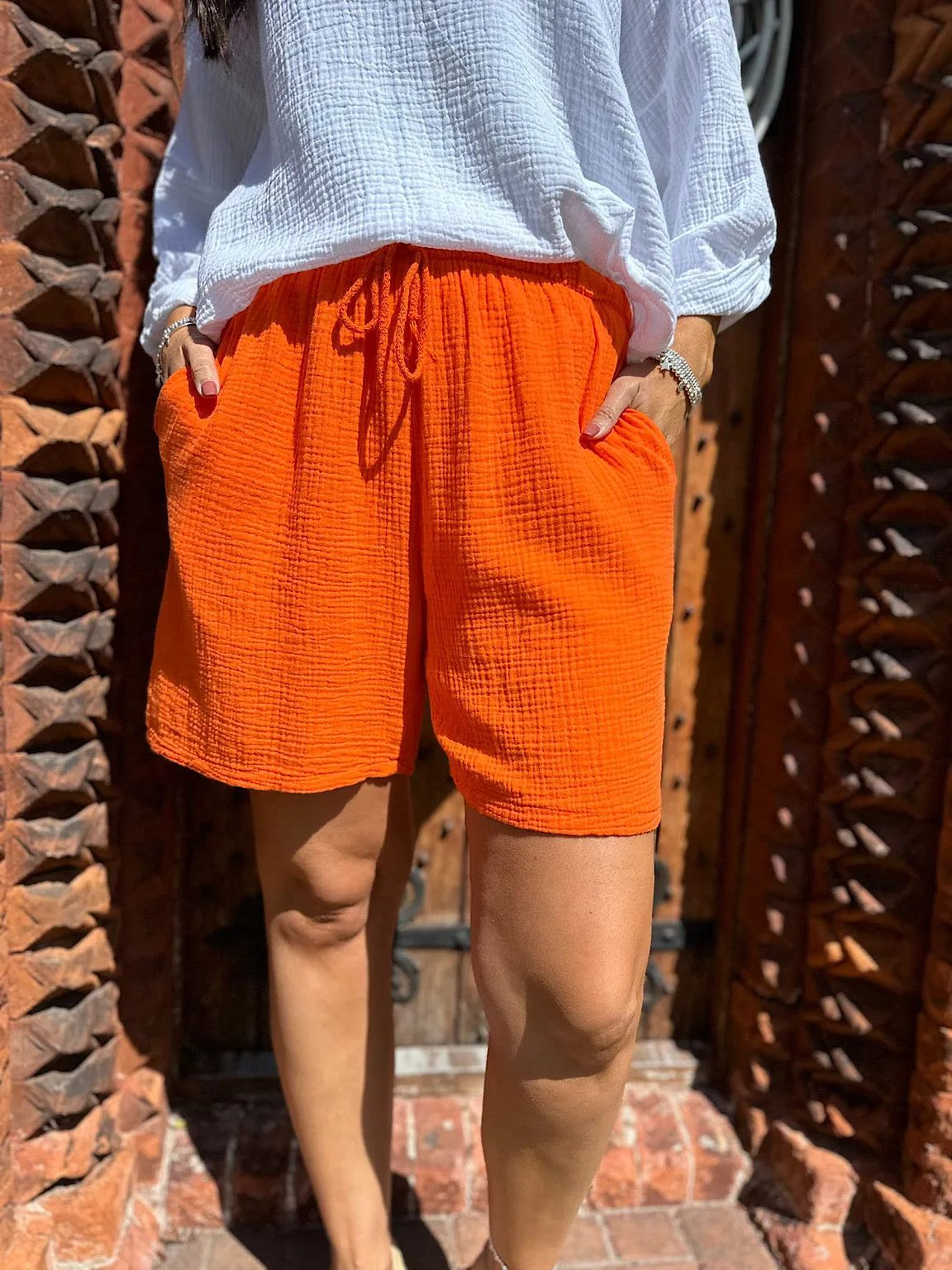 Orange Cotton Drawstring Shorts with Bubble Pattern