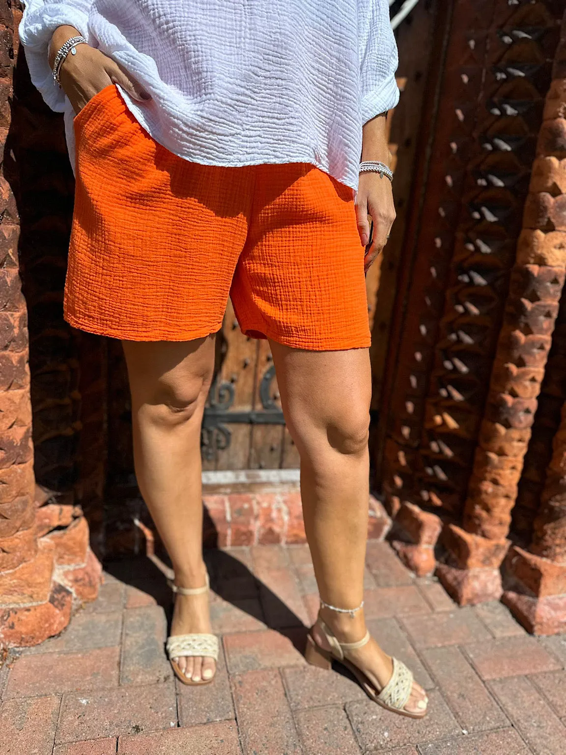 Orange Cotton Drawstring Shorts with Bubble Pattern