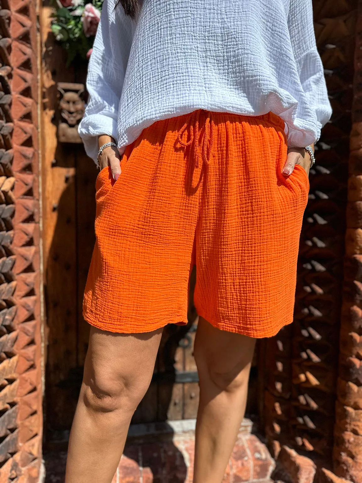 Orange Cotton Drawstring Shorts with Bubble Pattern