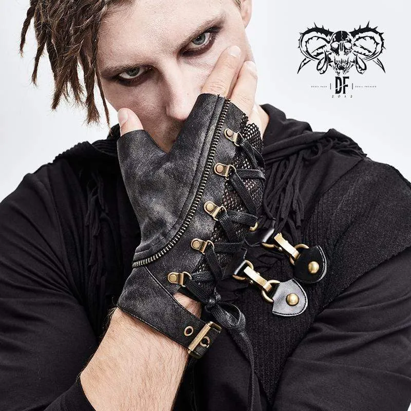 Punk Rock Men's Fingerless Gloves Faux Leather Mesh Laced Half-Length