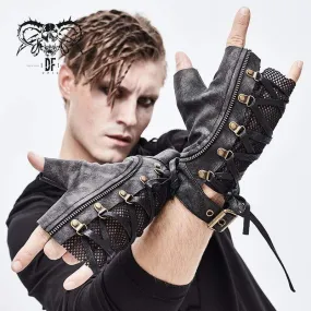 Punk Rock Men's Fingerless Gloves Faux Leather Mesh Laced Half-Length