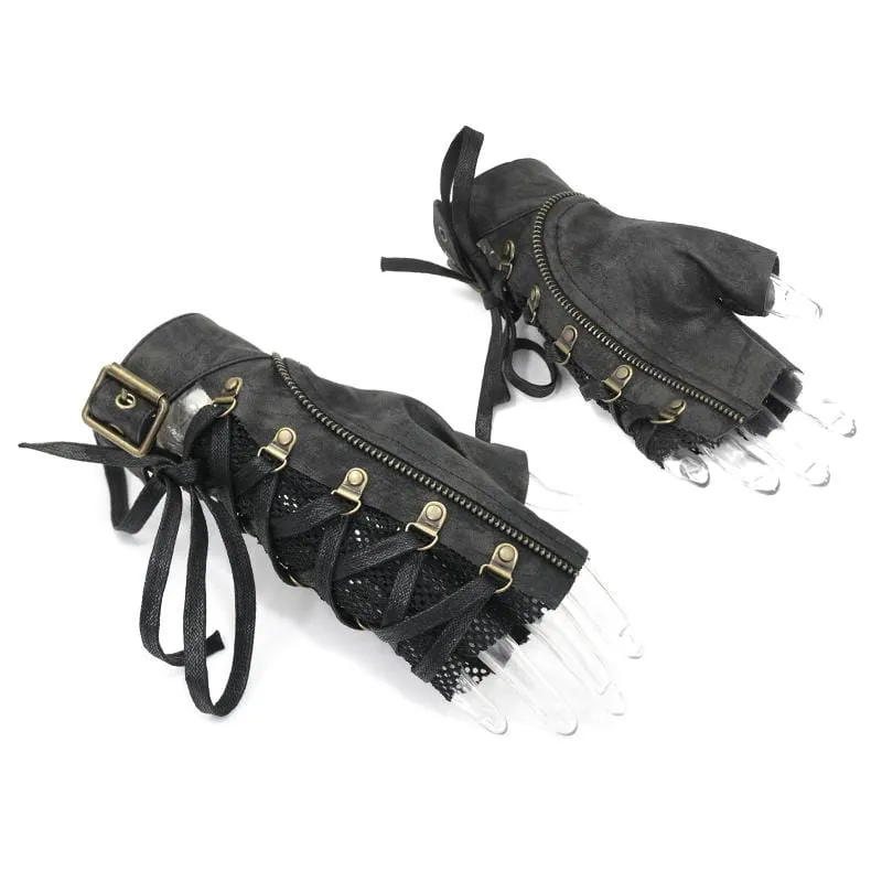 Punk Rock Men's Fingerless Gloves Faux Leather Mesh Laced Half-Length