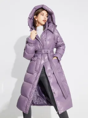 Purple Hooded Long Puffer Coat with Belt for Women - Winter Outerwear