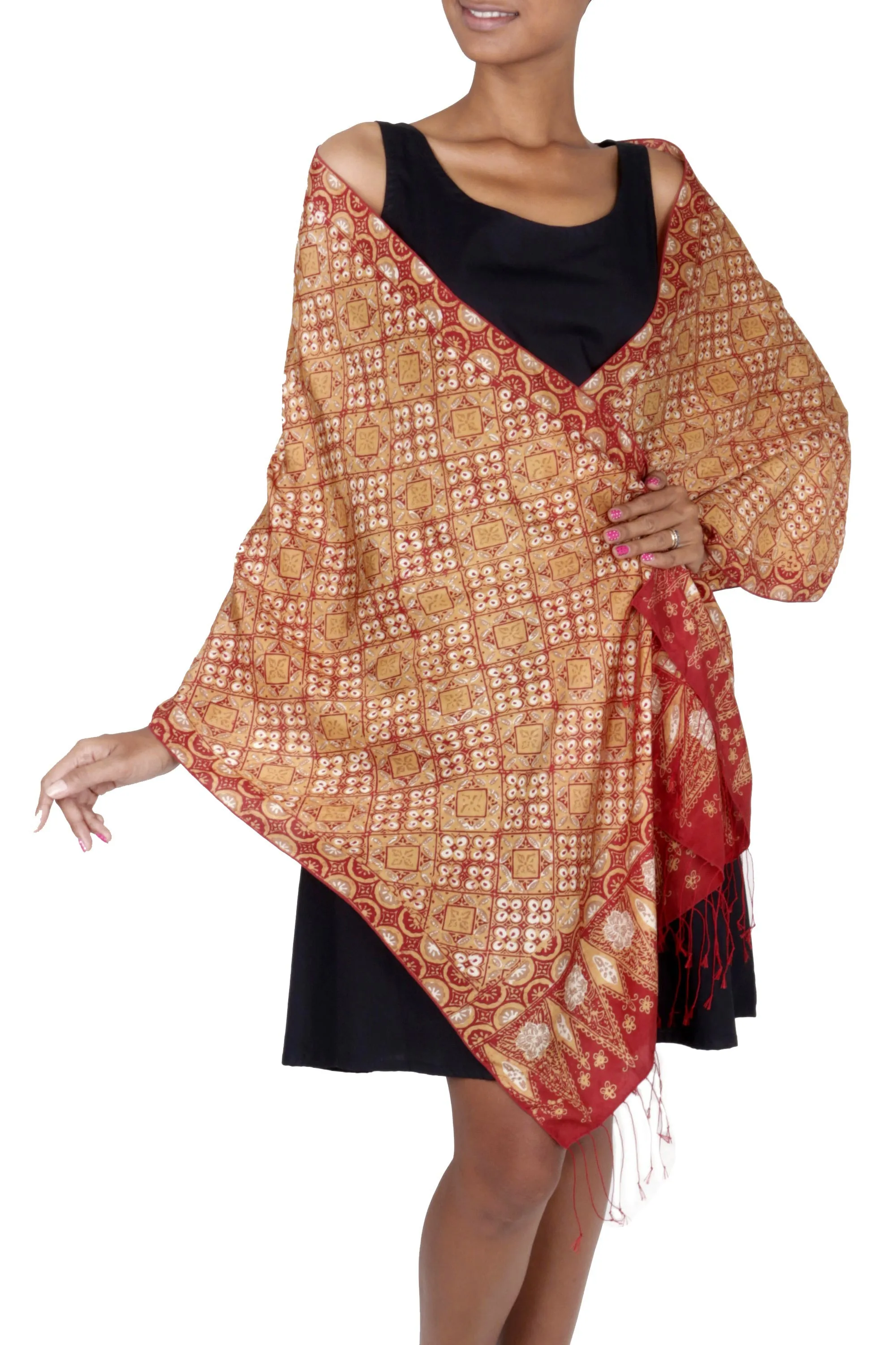 Red and Gold Metallic Batik Silk Shawl - Ceplok Beteng Hand Stamped