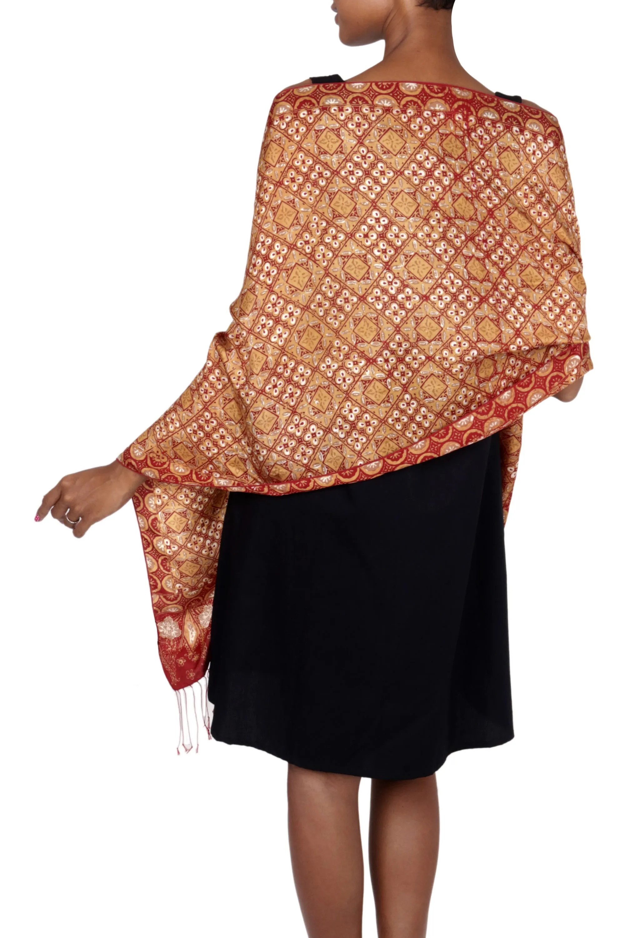 Red and Gold Metallic Batik Silk Shawl - Ceplok Beteng Hand Stamped