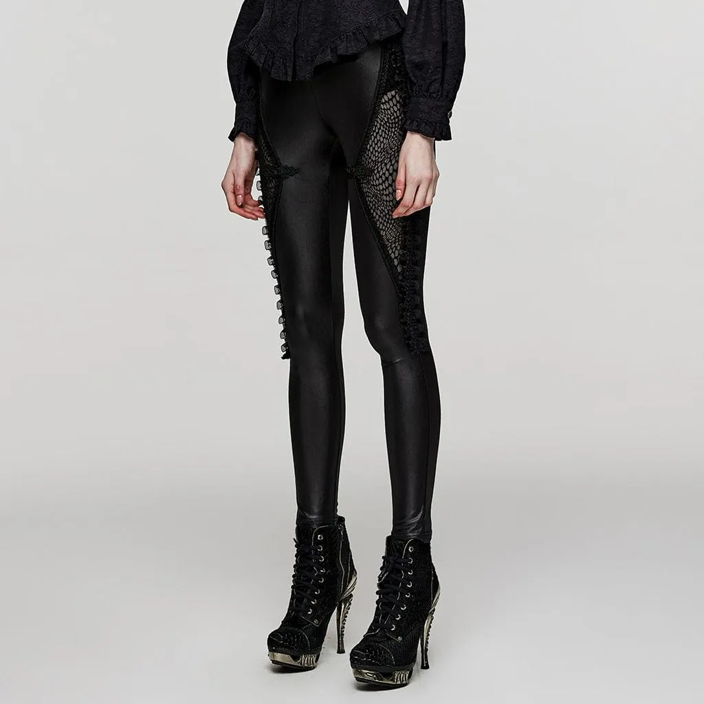 Ruffled Lace Splice Mesh Leggings for Women in Punk Style