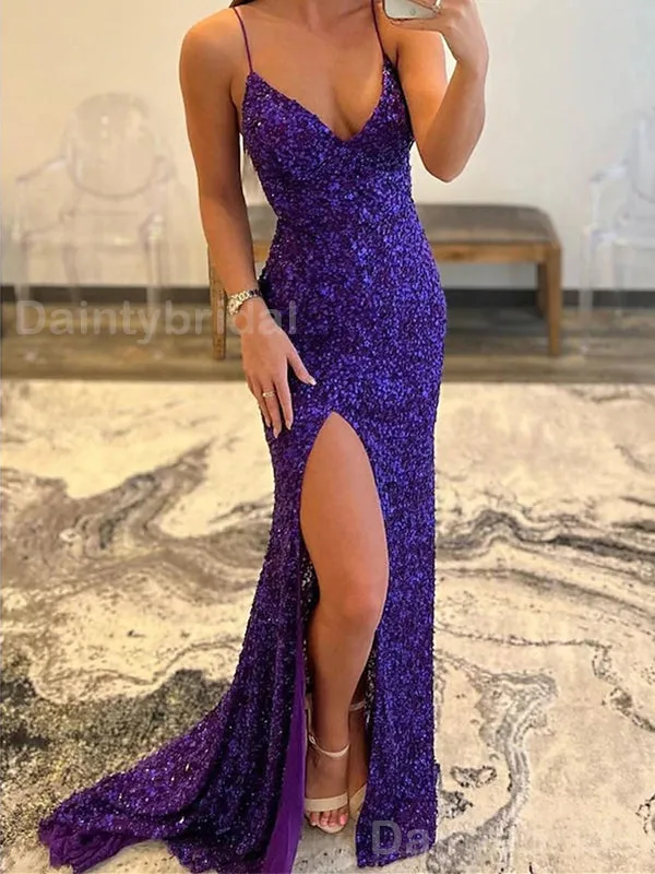 Sparkly Spaghetti Straps V-neck Long Evening Prom Dress Online, OL072