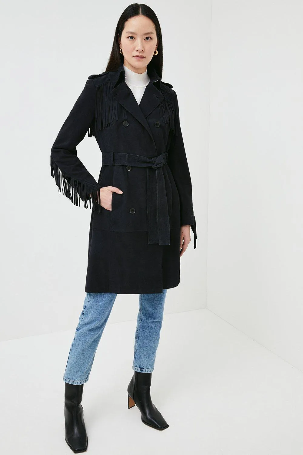 Suede Tassle Detail Trench Coat | Karen Millen