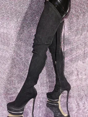 Suede Thigh High Black Platform Heel Boots