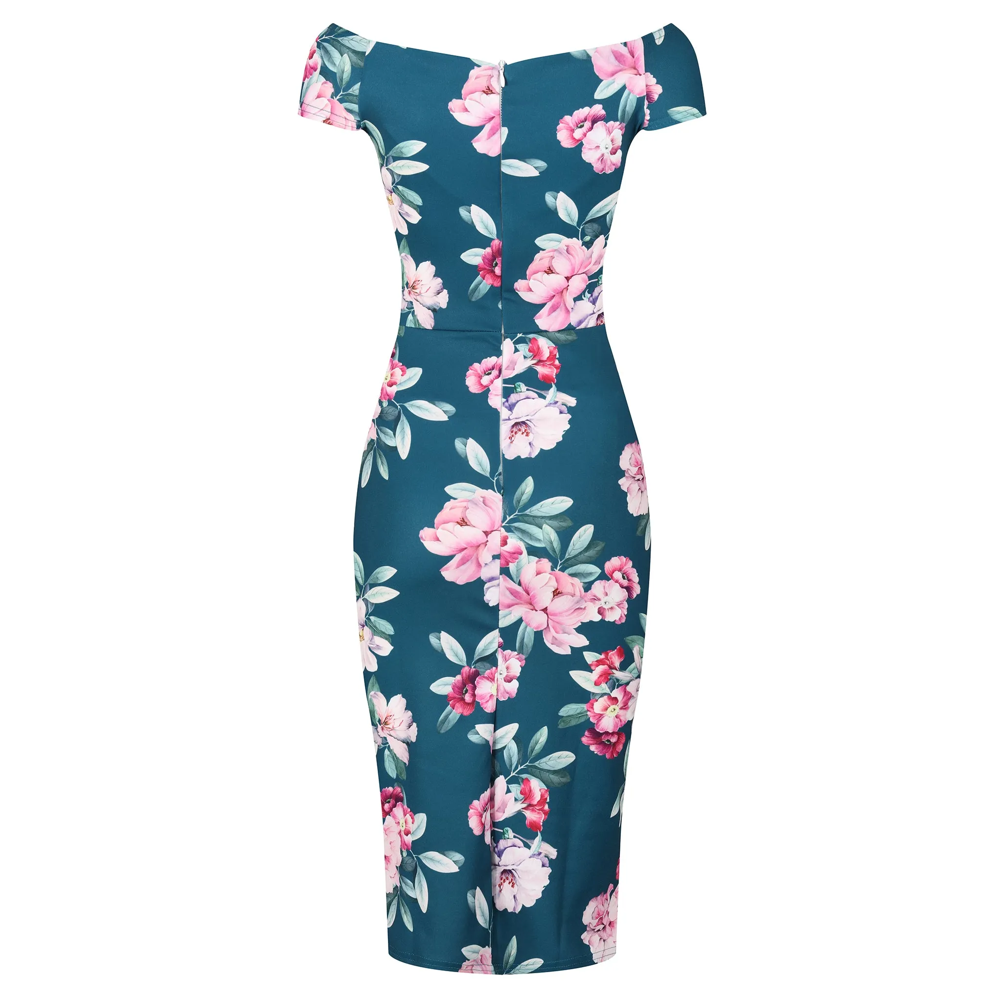 Teal Green & Pink Floral Bardot Neckline Dress