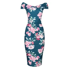 Teal Green & Pink Floral Bardot Neckline Dress