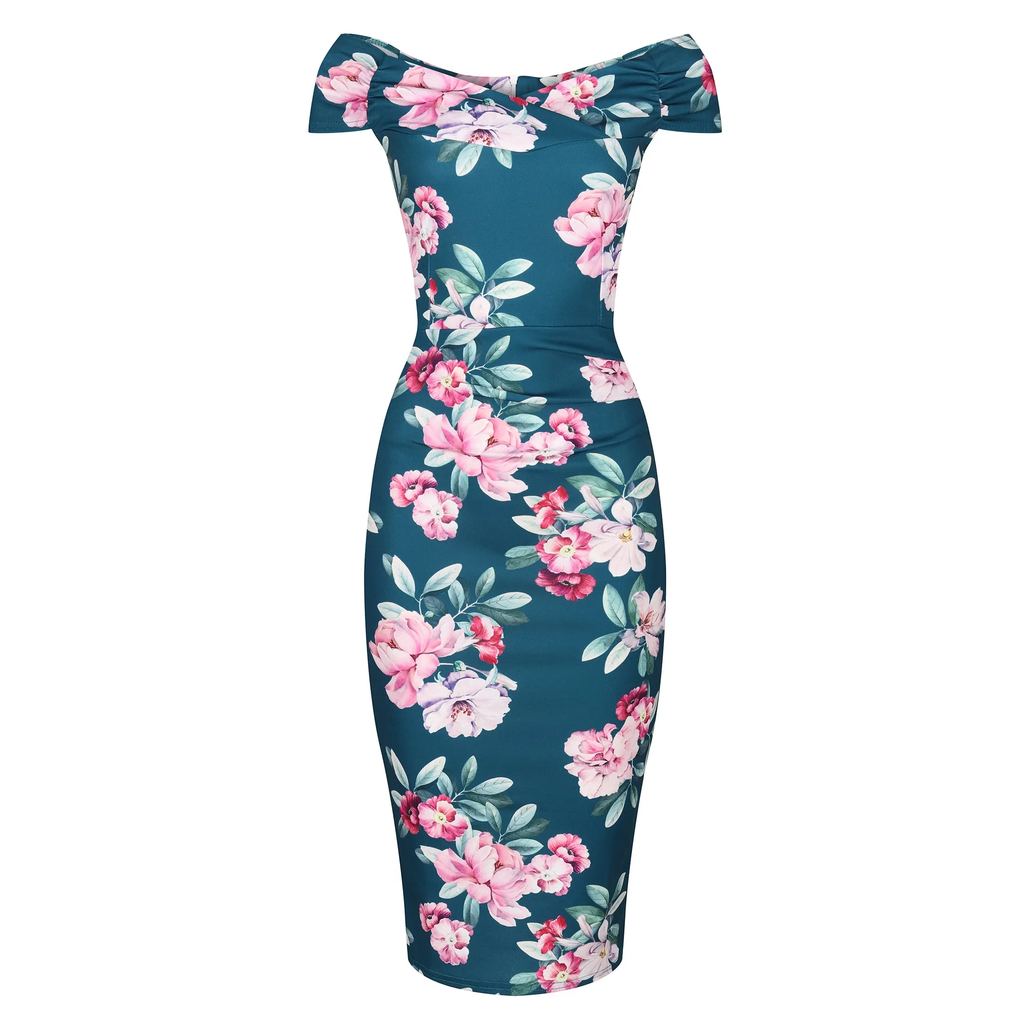 Teal Green & Pink Floral Bardot Neckline Dress