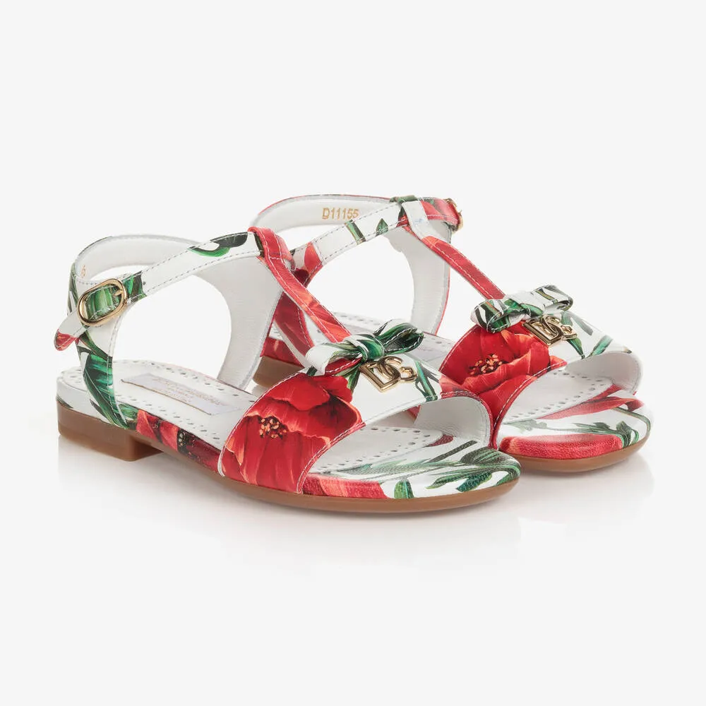 White and Red Poppy Sandals for Teen Girls