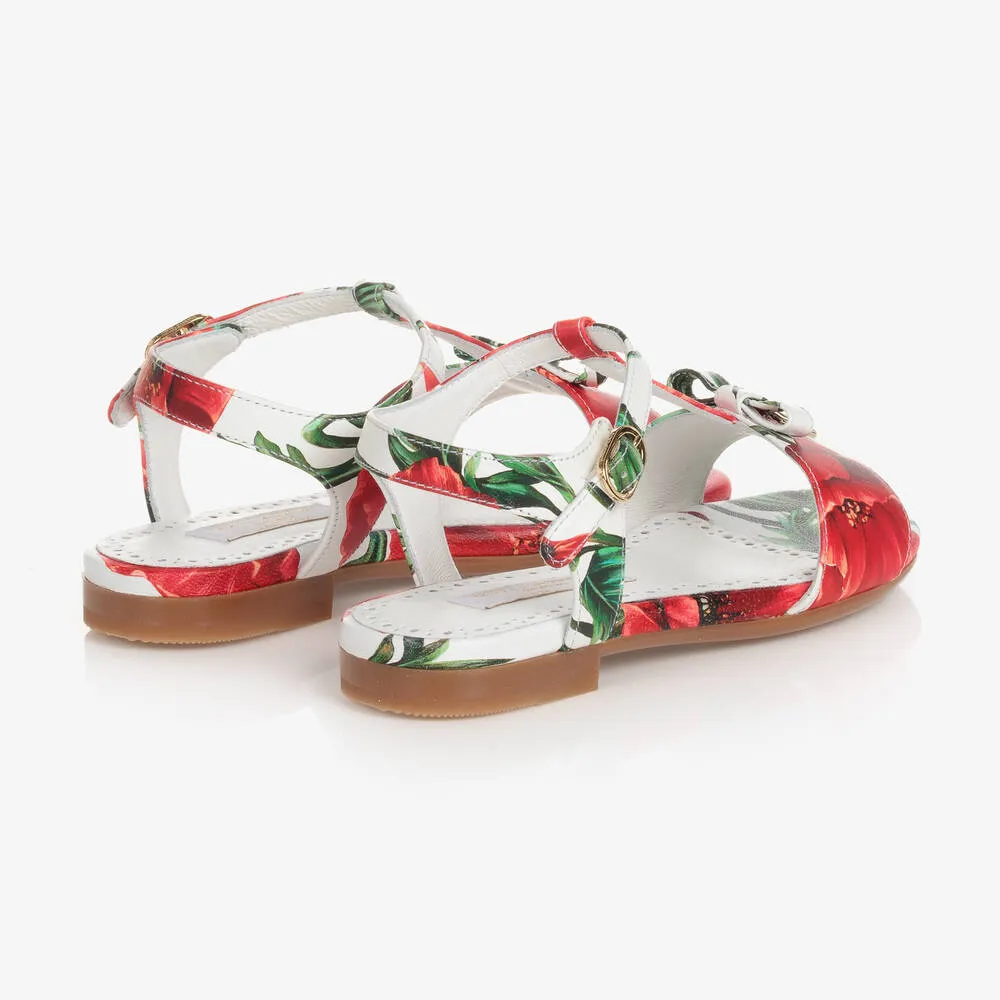 White and Red Poppy Sandals for Teen Girls