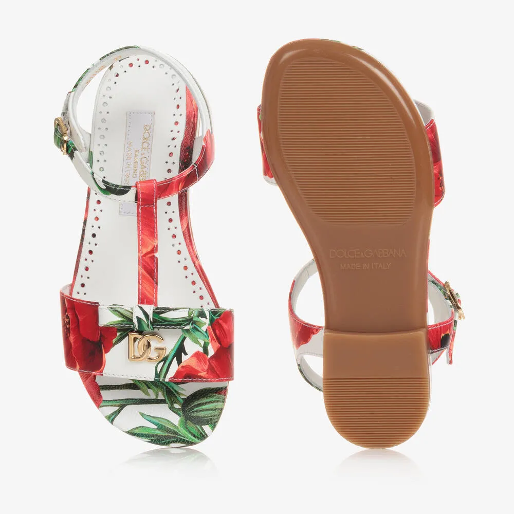 White and Red Poppy Sandals for Teen Girls