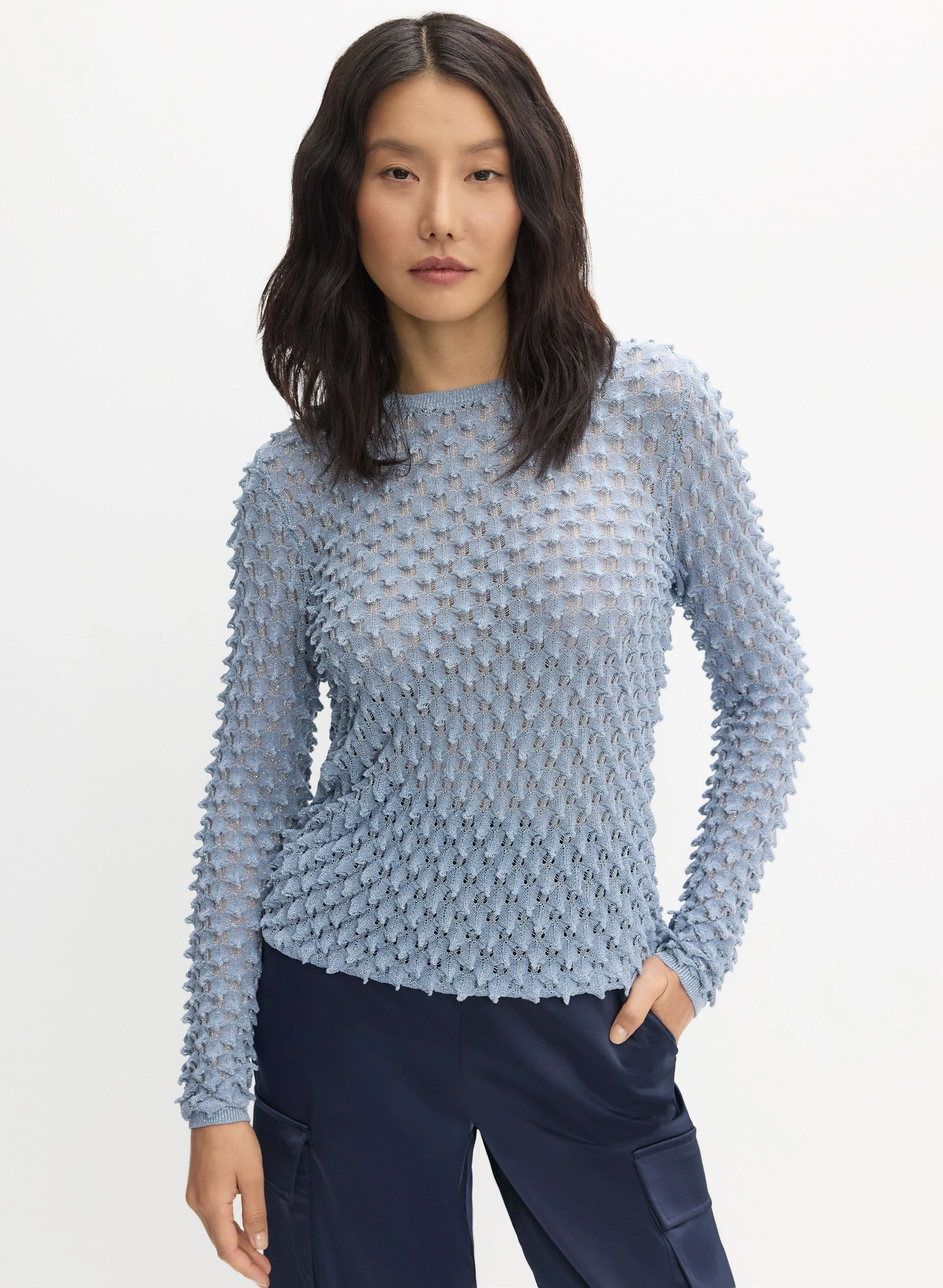 Textured Knit Sweater with Bubble Stitch Detail