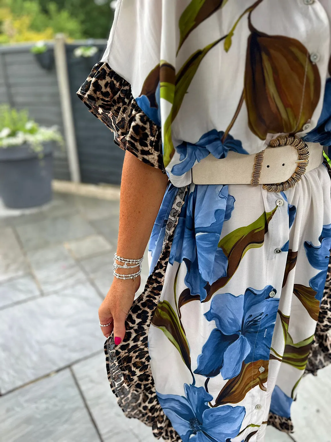 White Floral Shirt Dress with Leopard Trim - Emma