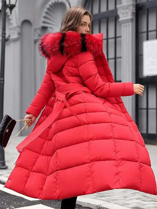 Winter coat with belt, removable faux fur collar, hood, and full length for women.