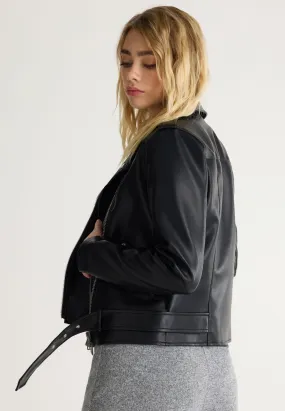 Women's Belted Biker Jacket in Black