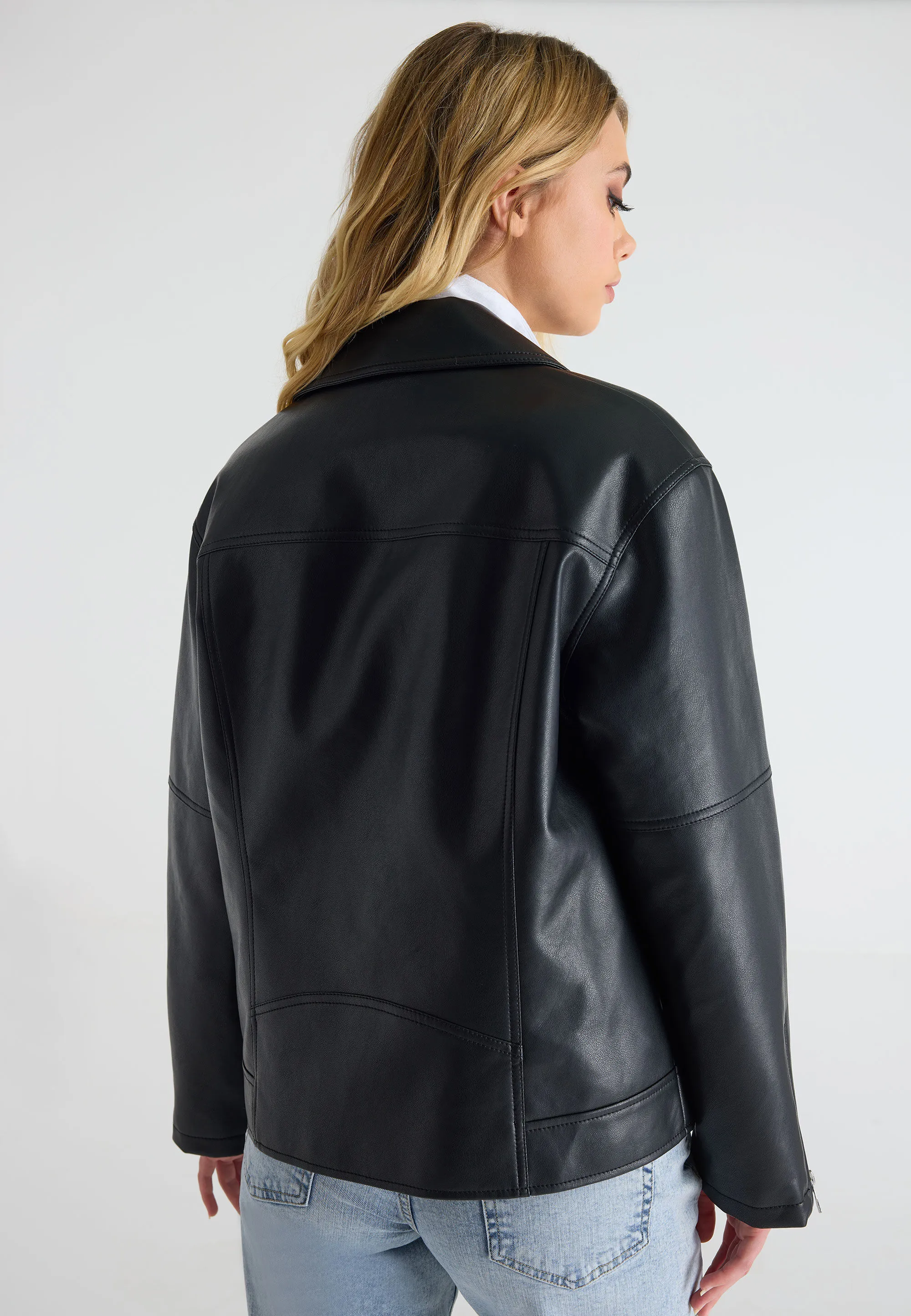 Women's Oversized Biker Jacket in Black PU