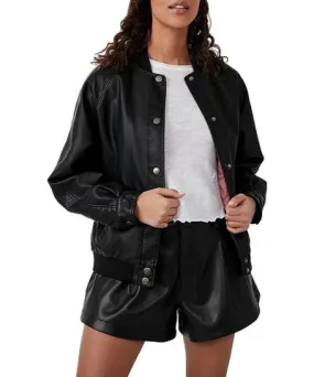 Womens Faux Leather Cold Weather Bomber Jacket