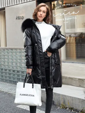 Womens Long Puffer Winter Coat with Faux Fur Collar